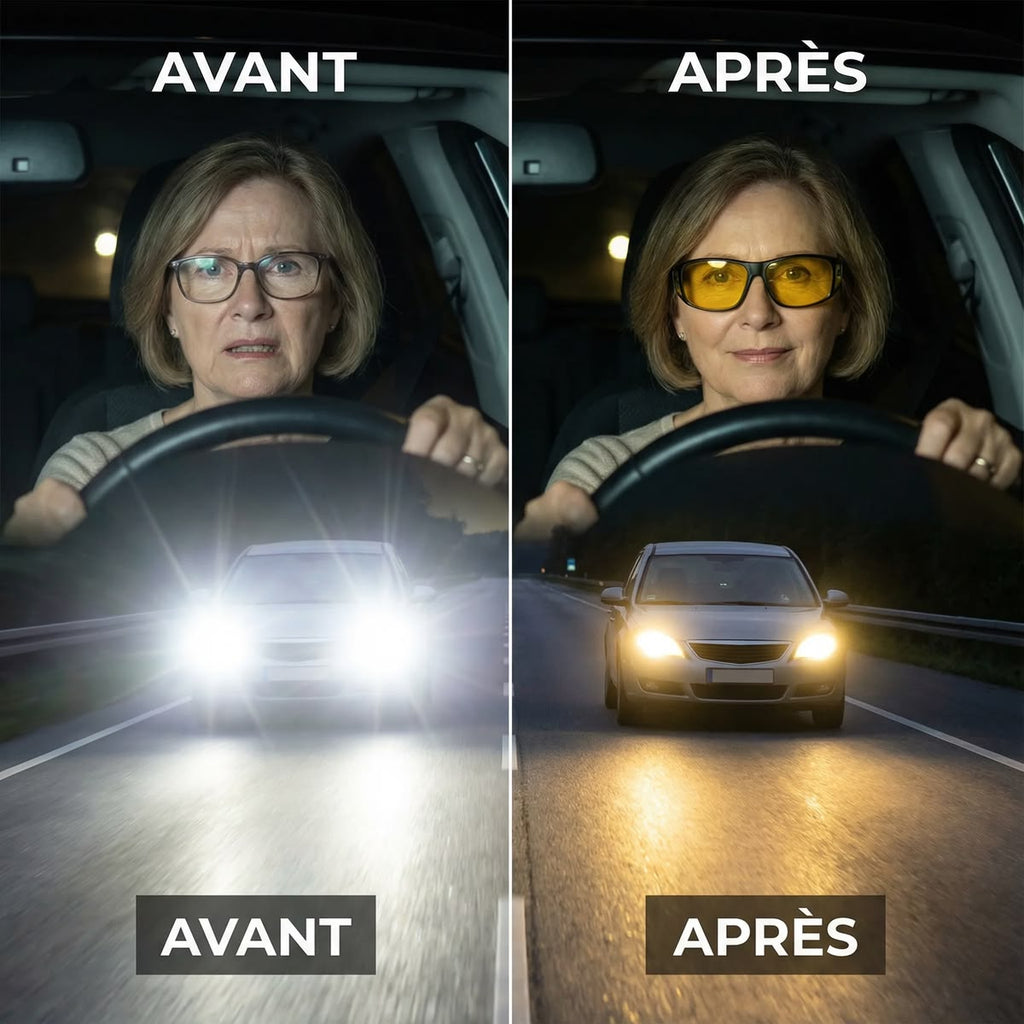 Conductrice de nuit avant et après avoir mis les lunettes de conduite nocturne NOCTA