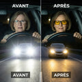 Conductrice de nuit avant et après avoir mis les lunettes de conduite nocturne NOCTA