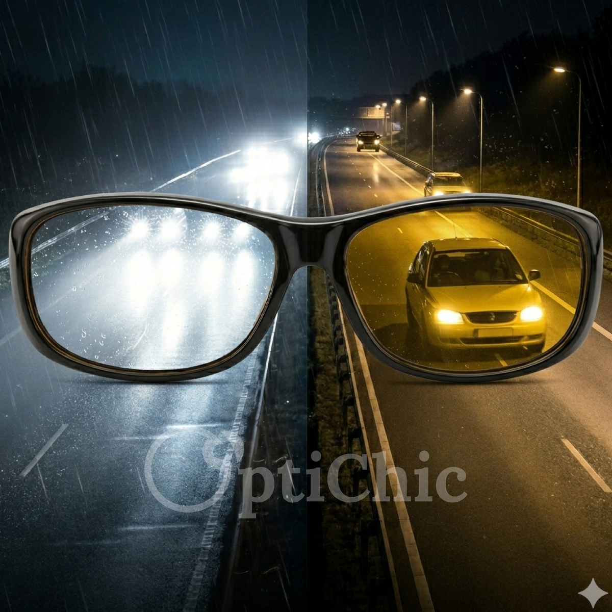 Vue de nuit sous la pluie avec et sans verres jaunes anti-éblouissement NOCTA